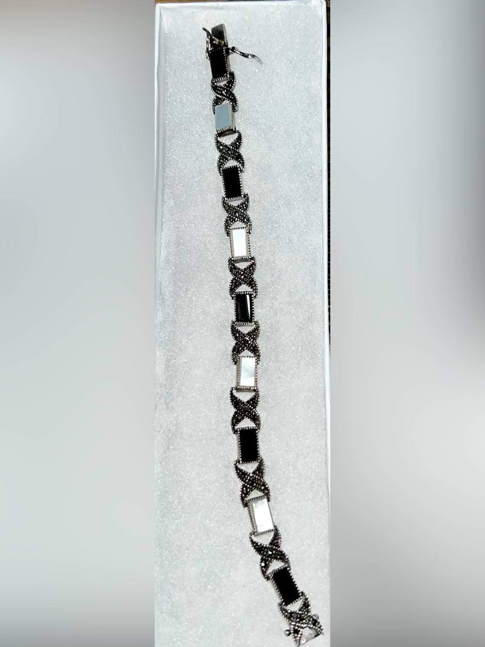 Vintage Onyx Marcasite MOP X Link Bracelet - Excellent Condition